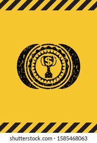 trophy with money symbol inside icon black grunge emblem with yellow background. Vector Illustration. Detailed.