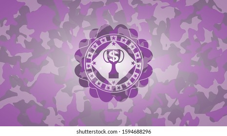 trophy with money symbol inside icon inside pink camouflaged emblem