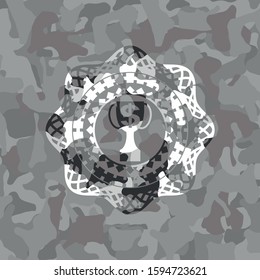 trophy with money symbol inside icon on grey camouflage pattern