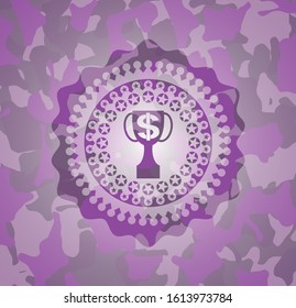 trophy with money symbol inside icon on pink camouflage pattern