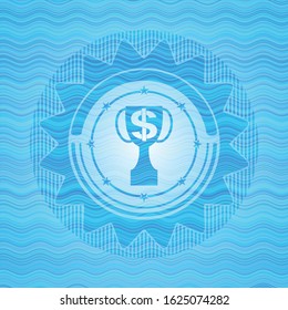 trophy with money symbol inside icon inside sky blue water style badge.