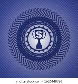 trophy with money symbol inside icon inside badge with denim texture