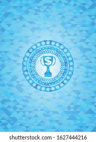 trophy with money symbol inside icon inside light blue emblem. Mosaic background