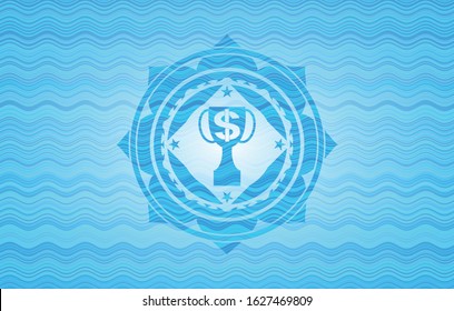trophy with money symbol inside icon inside sky blue water wave emblem background.
