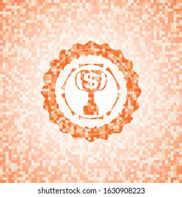 trophy with money symbol inside icon inside abstract orange mosaic emblem with background