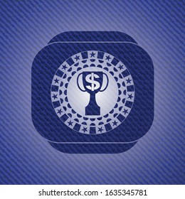 trophy with money symbol inside icon inside emblem with jean background