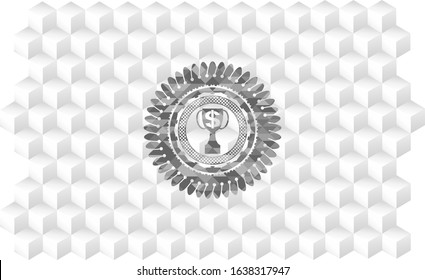 trophy with money symbol inside icon inside retro style grey emblem with geometric cube white background