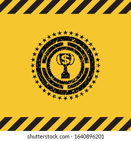 trophy with money symbol inside icon grunge warning sign emblem. Vector Illustration. Detailed.