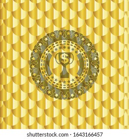 trophy with money symbol inside icon inside golden badge or emblem. Scales pattern. Vector Illustration. Detailed.