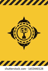 trophy with money symbol inside icon black grunge emblem, yellow warning sign. Vector Illustration. Detailed.