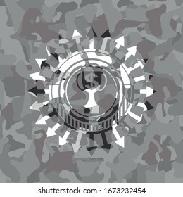 trophy with money symbol inside icon on grey camouflage pattern