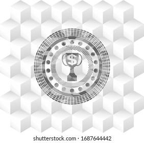 Trophäe mit Geldsymbol innerhalb eines realistischen grauen Emblems mit hellweißem Hintergrund