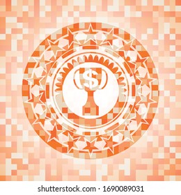 trophy with money symbol inside icon inside orange tile background illustration. Square geometric mosaic seamless pattern with emblem inside.
