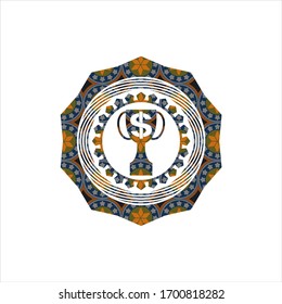 trophy with money symbol inside icon inside arabic emblem. Arabesque decoration.