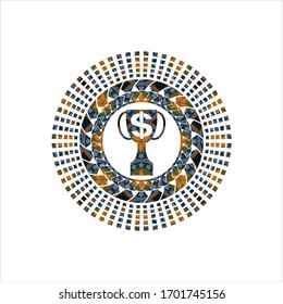 trophy with money symbol inside icon inside arabic style badge. Arabesque decoration.