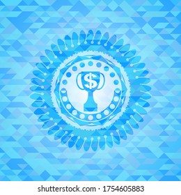 trophy with money symbol inside icon inside realistic light blue emblem. Mosaic background. 