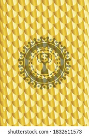 trophy with money symbol inside icon inside gold shiny badge. Scales pattern. Vector Illustration. Detailed. 