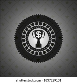 trophy with money symbol inside icon inside black badge. 