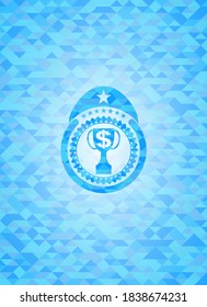 trophy with money symbol inside icon inside light blue emblem with mosaic background. 