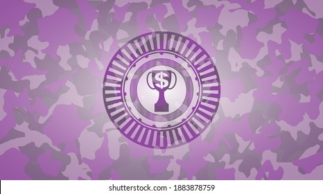 trophy with money symbol inside icon inside pink camo emblem. 