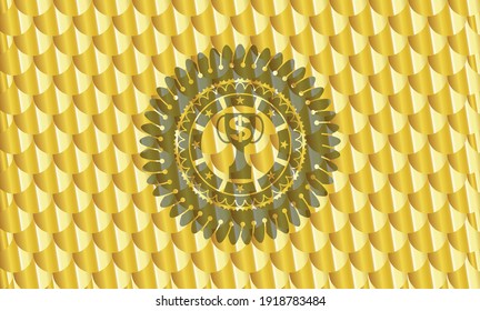 trofeo con el símbolo del dinero dentro del icono de la insignia de oro. Patrón de escalas. Ilustración vectorial. Detallado. 