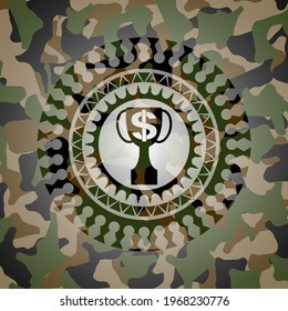 trophy with money symbol inside icon on camo pattern. 