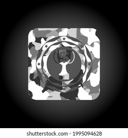 trophy with money symbol inside icon on grey camouflaged texture. 