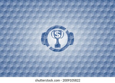 trophy with money symbol inside icon inside blue polygonal emblem. 