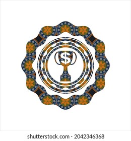 trophy with money symbol inside icon inside arabic badge background. Arabesque decoration. 