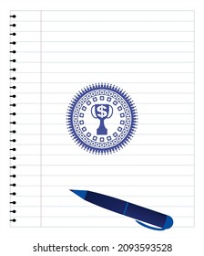trophy with money symbol inside icon pen draw. Blue ink. Vector Illustration. Detailed. 