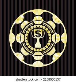 trophy with money symbol inside icon inside golden badge or emblem. 