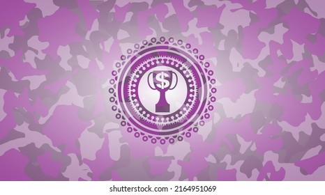 trophy with money symbol inside icon on pink and purple camouflage pattern. 