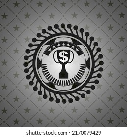 trophy with money symbol inside icon inside black badge. 