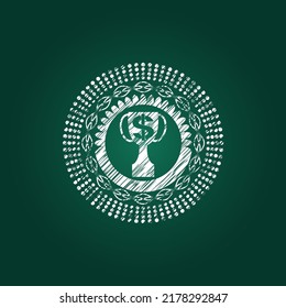 Trophäe mit Geldsymbol im Inneren Symbol auf der Tafel, Vektorgrafik, hübsches Design. 