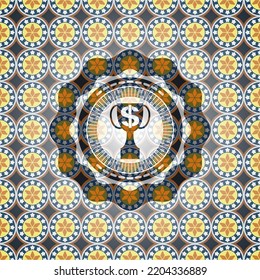 trophy with money symbol inside icon inside arabesque badge background. arabic decoration. 