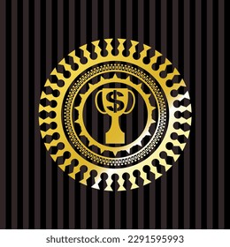 trophy with money symbol inside icon inside shiny badge. 