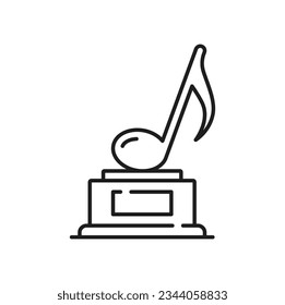 Trophy, music award line icon of winner prize, vector music note symbol. Best singer or musical ceremony award for song or number one single, sound clef note trophy on pedestal in thin outline icon