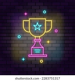 Trophy neon icon. Education neon icon on dark brick wall background
