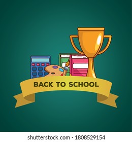 trofeo portátiles pintar paleta de pincel y diseño de calculadora, Volver a la clase de educación escolar y tema de lección Ilustración vectorial