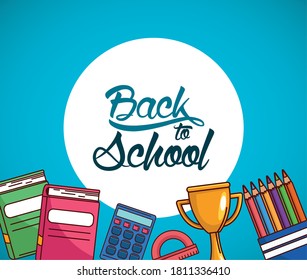 trofeo cuadernos lápices de colores de regla y diseño de calculadora, Volver a la clase de educación escolar y tema de lección Ilustración vectorial