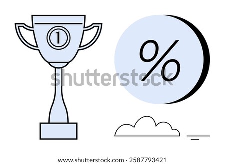 Trophy with number 1, large percentage symbol, small cloud, and dotted lines. Ideal for success, achievement, performance evaluation, metrics, goal setting, finance, business success. Line metaphor