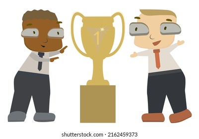 Trophy Number One Is Being Celebrated By 2 Executive Men. This Concept Represents The Victory Of Being First Place And The Glory Of Teamwork To Achieve Goals.