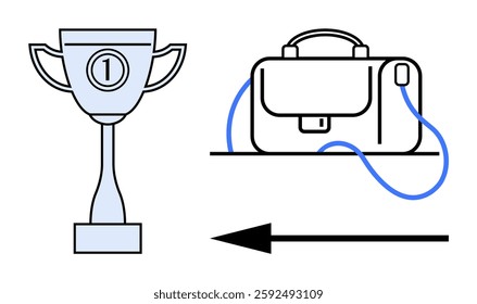 Trophy with number one, briefcase with strap, and black arrow pointing left. Ideal for career success, goal setting, business direction, achievements, professional growth, ambition, and motivational