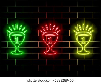 trofeo número uno. Icono de Neon. Ilustración vectorial. Verde, rojo, amarillo, rosa, azul y naranja.