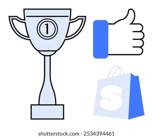 Trophy with number one symbol, thumbs up sign with blue cuff, and shopping bag with letter S. Ideal for success, achievement, approval, positive feedback, and shopping. Simple line art style