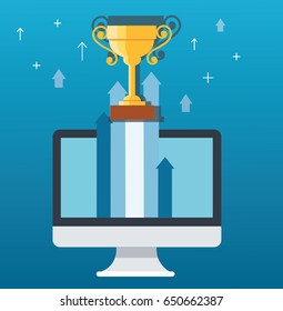 Trophy on arrow icon out of computer, start up business concept illustration 