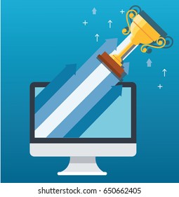 Trophy on arrow icon out of computer, start up business concept illustration 