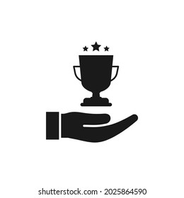 Trophy on hand. Winner, champion, award icon flat style isolated on white background. Vector illustration