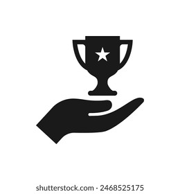 Trophy on hand. Winner, champion flat icon isolated on white background. Vector illustration