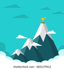 The trophy is on the highest mountain. Concept of the reward of high life